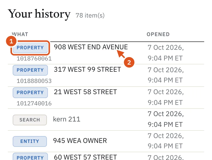 Every report you have opened, newest first. Click any row to open it again.