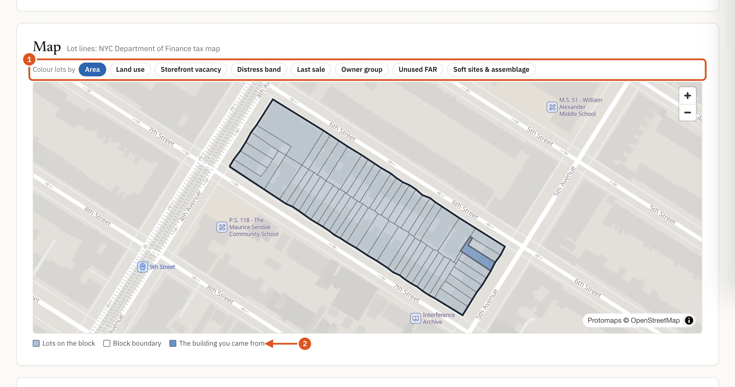 The block's lots on the tax map, colored by the layer you choose.