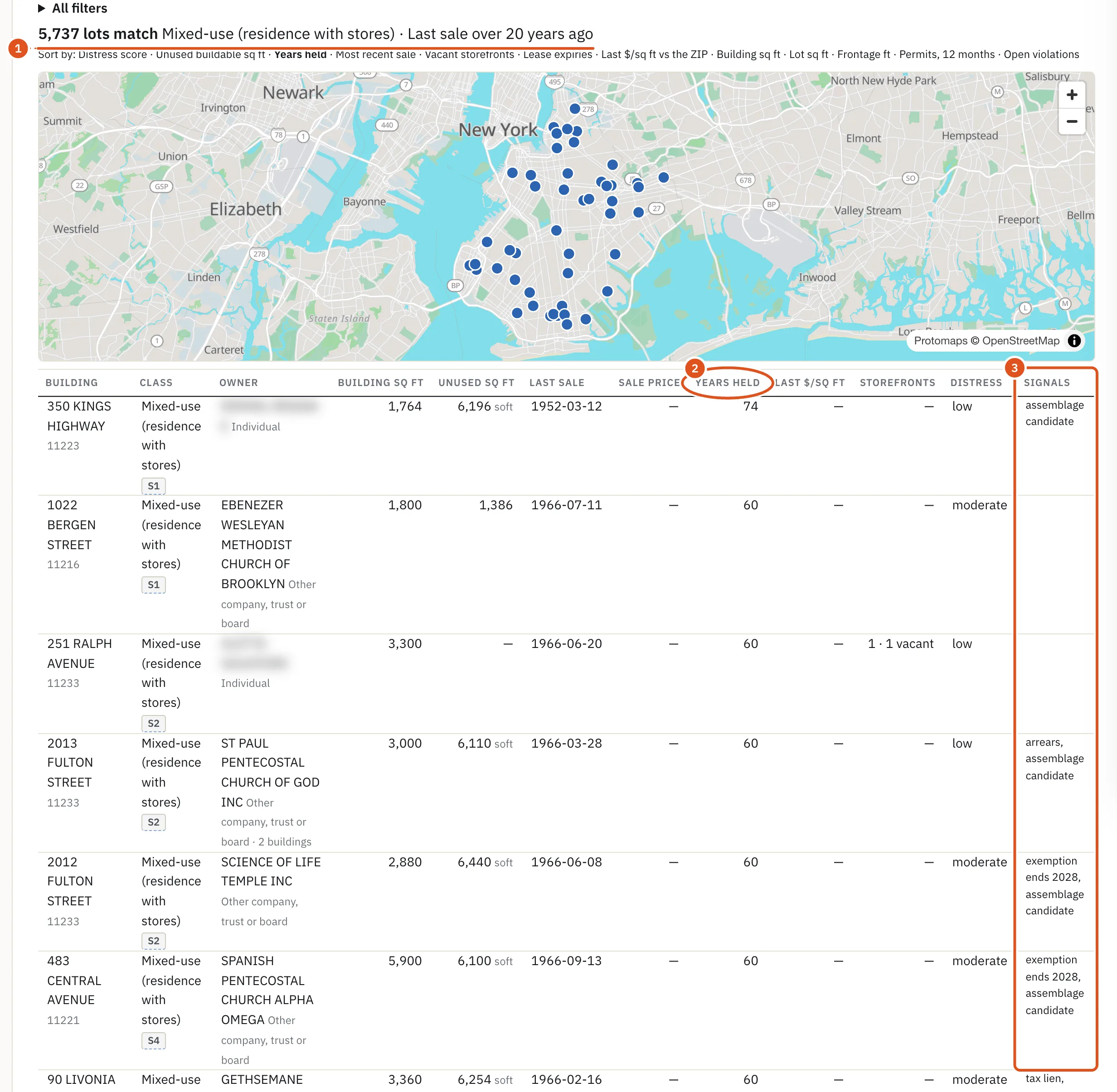 The results: a count, a map of this page's lots and a sortable table.