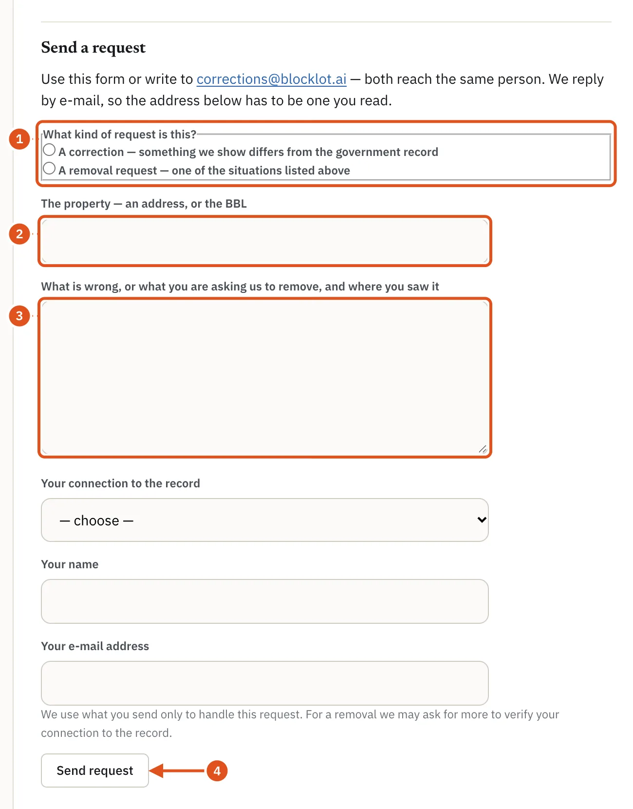 The corrections form. Choose a correction or a removal, name the property and say what is wrong.