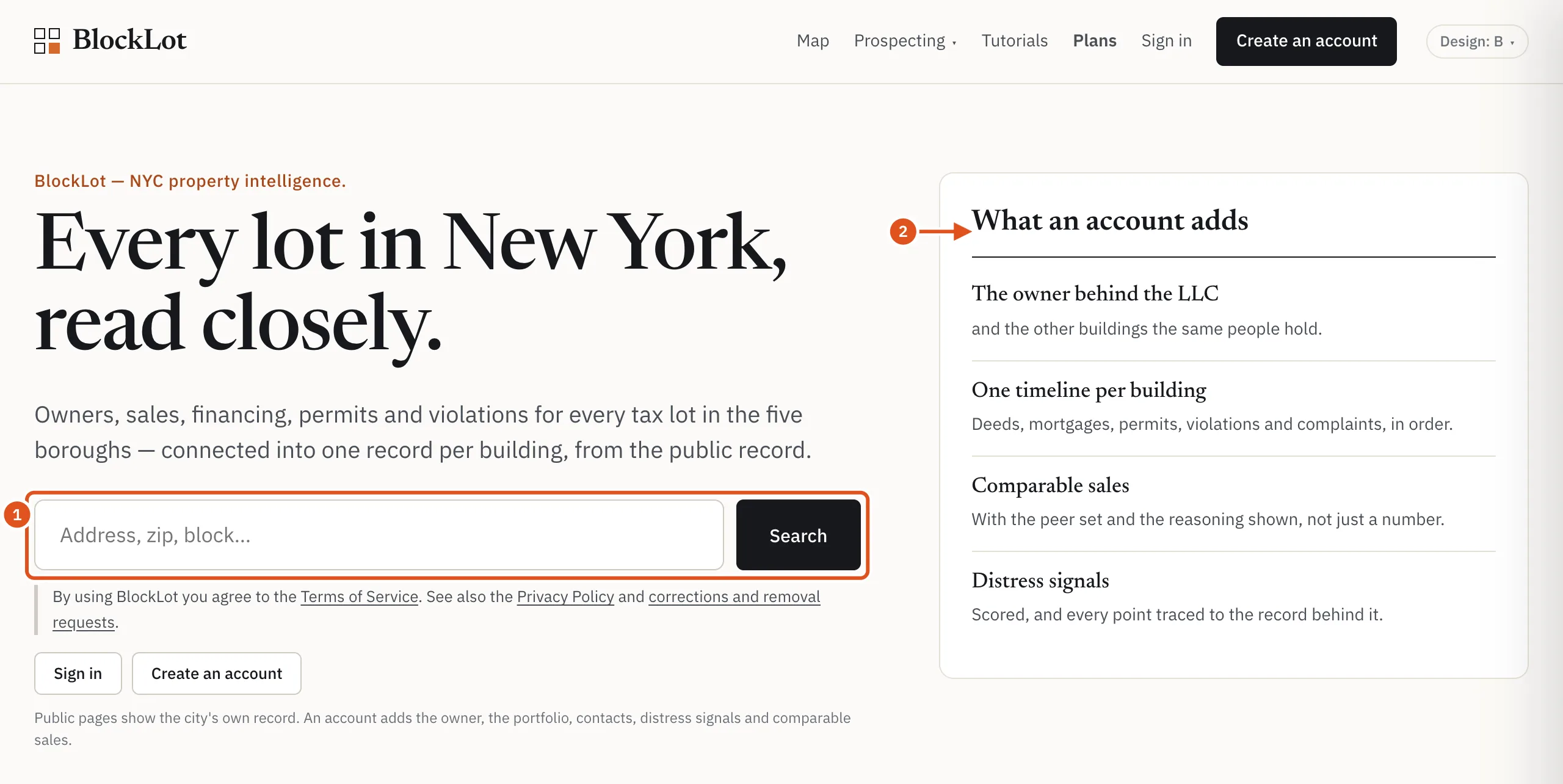 The home page. Start with an address, a ZIP code or a block.