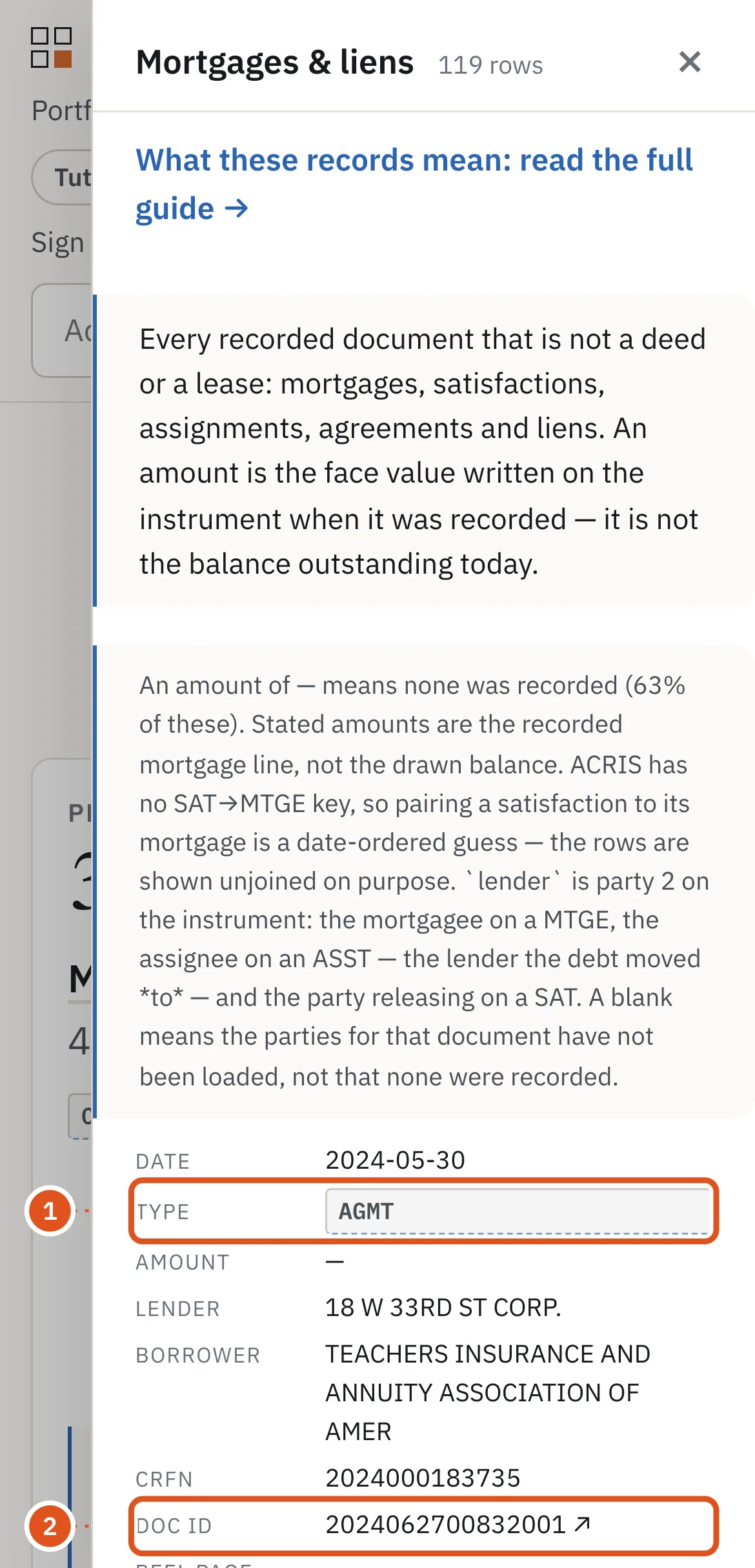 The Mortgages & liens drawer lists what ACRIS recorded against the lot, each with its document ID.