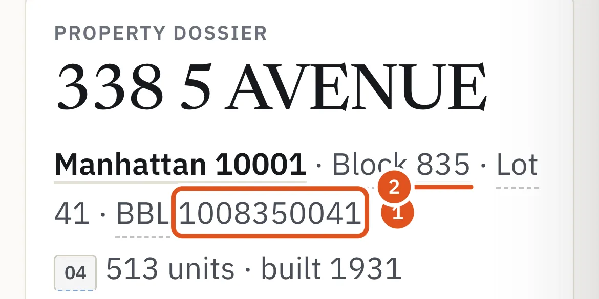 The header names the borough and ZIP, the block, the lot and the BBL.