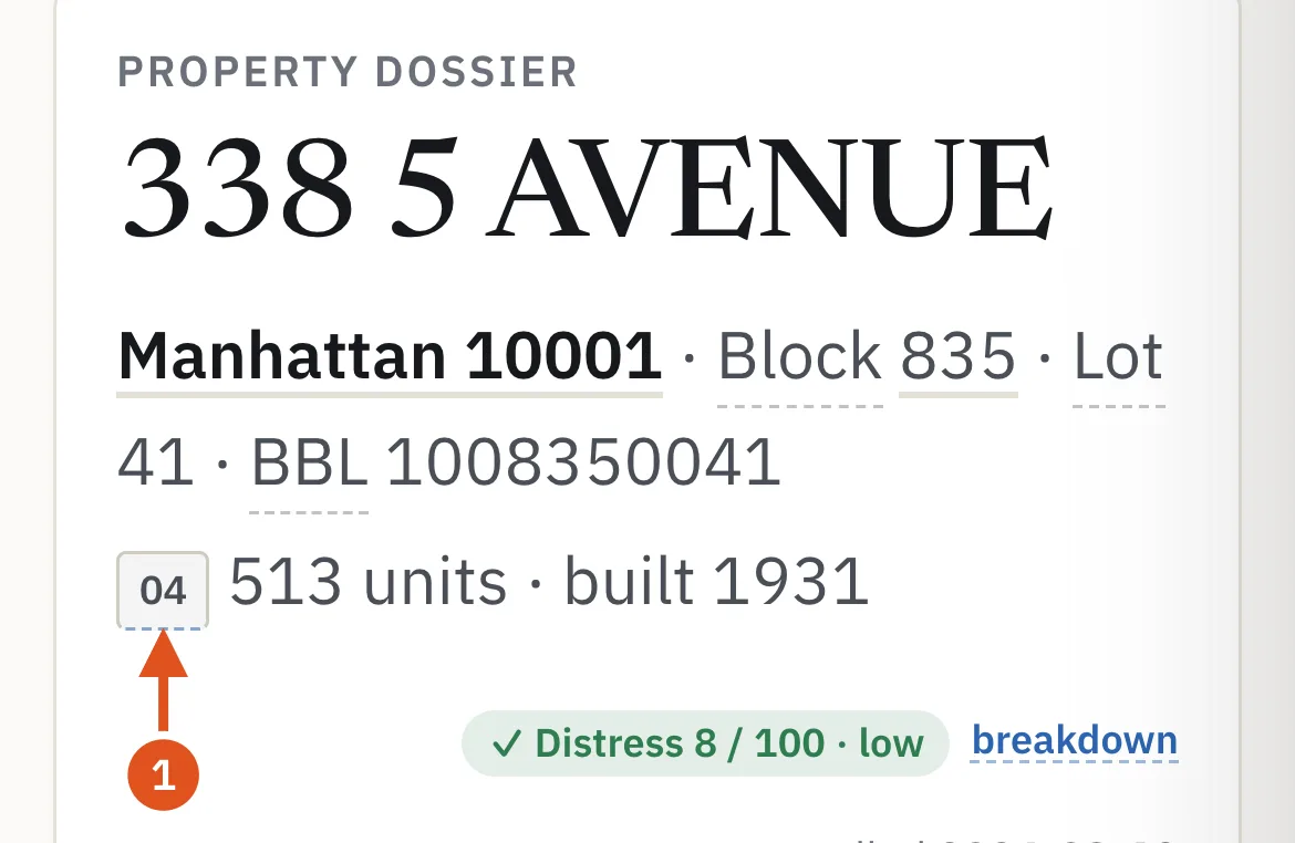 The building class sits beside the address; it opens DOF's definition.