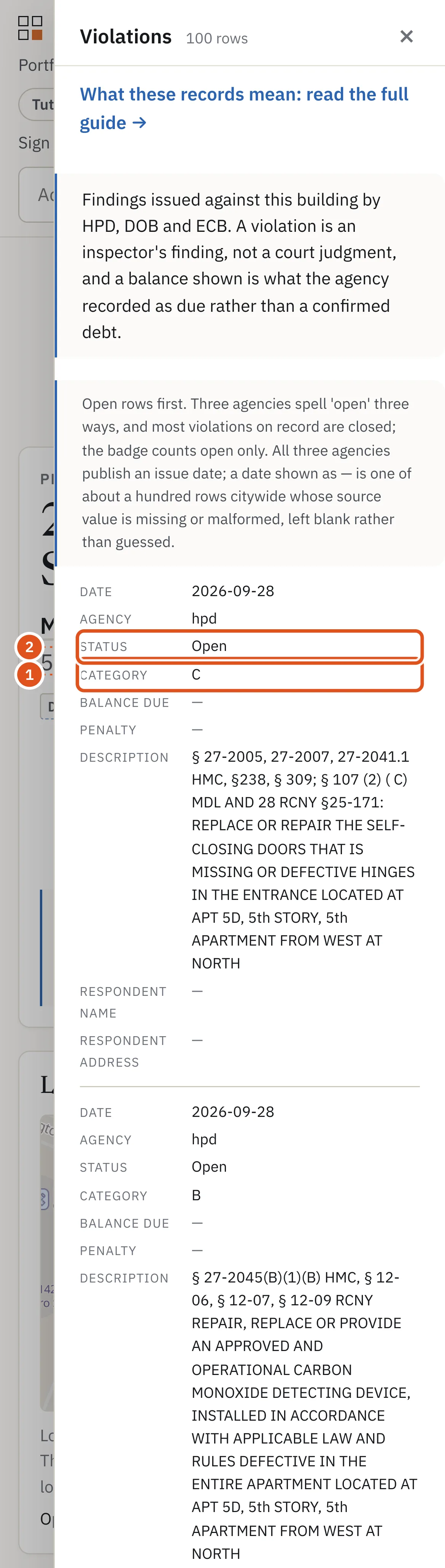 HPD violations for safety devices, each with its class and status.