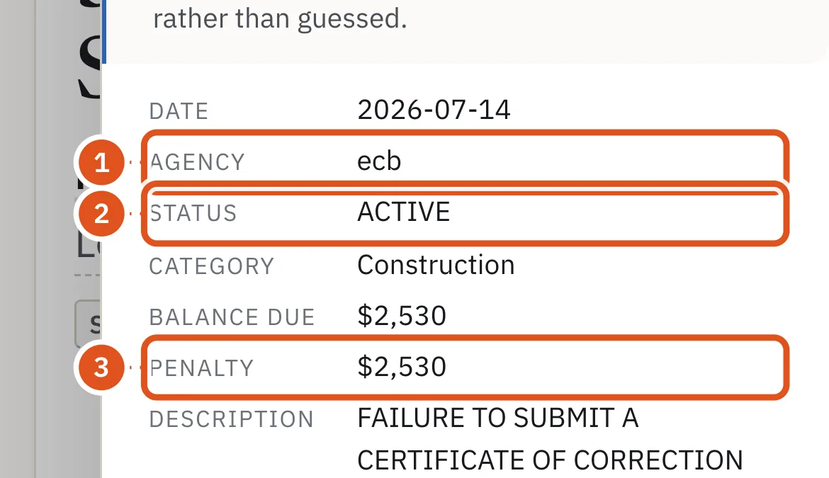 Open ECB summonses first, with the status DOB records and what OATH imposed.