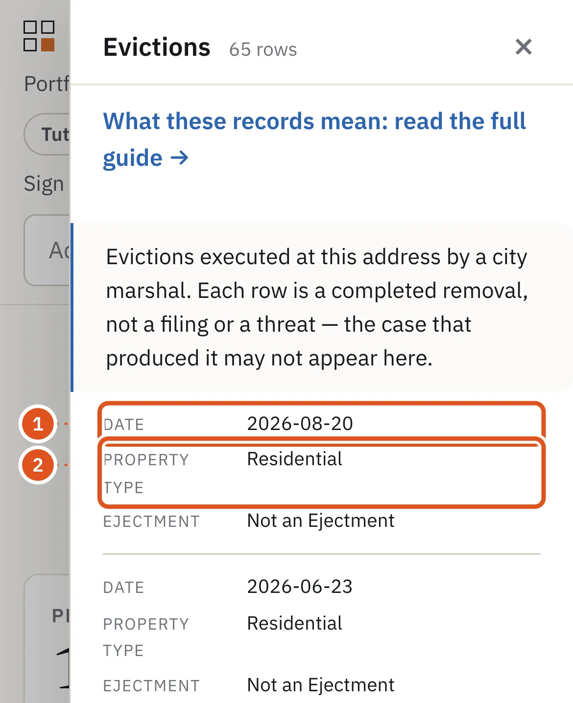 The marshals' evictions at a building, newest first.