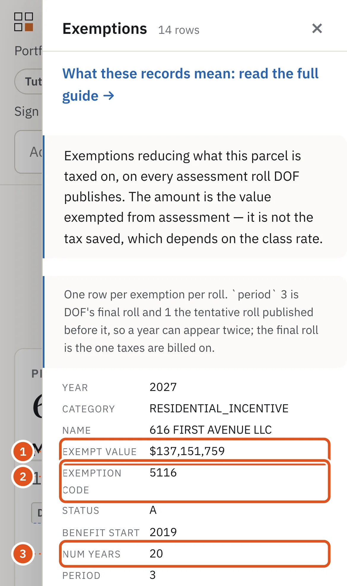 Every exemption on every roll: the program, the value exempted, and its term.