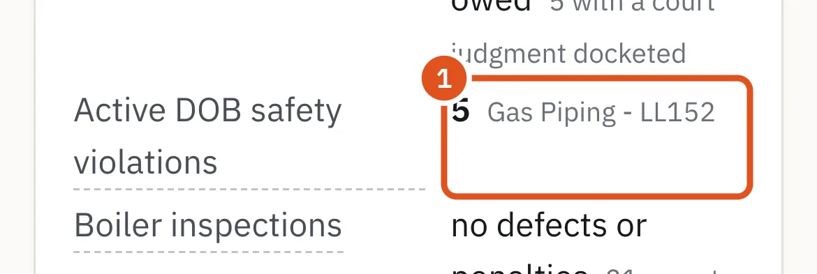 Active DOB safety violations, with the programs that issued them — here, gas piping.