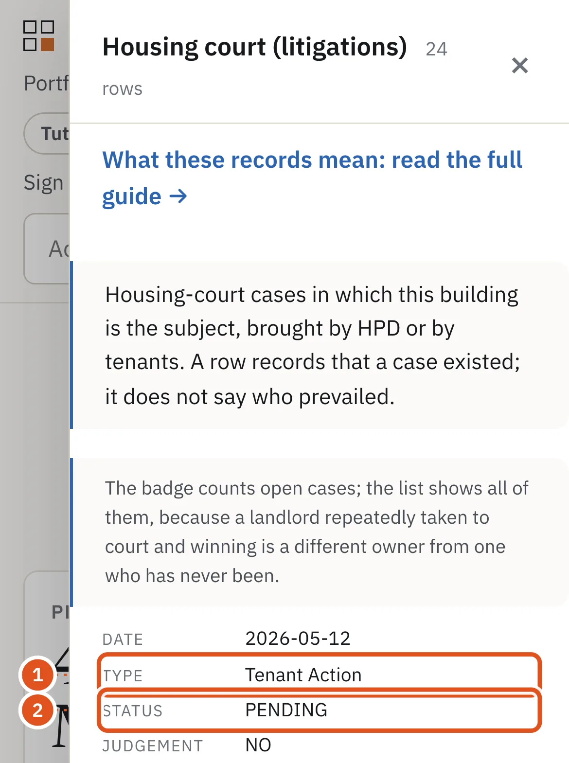 A building's housing-court cases from HPD's records, newest first.