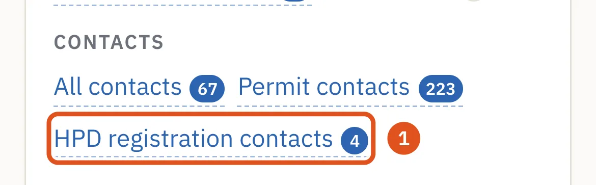 The building's HPD registration opens from HPD registration contacts, under Records.