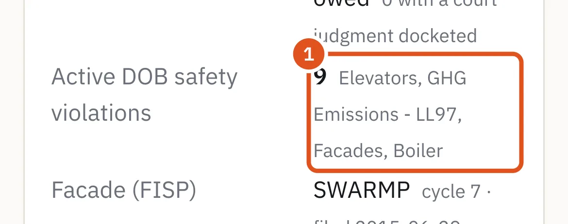 An active Local Law 97 violation among the building's DOB safety violations.