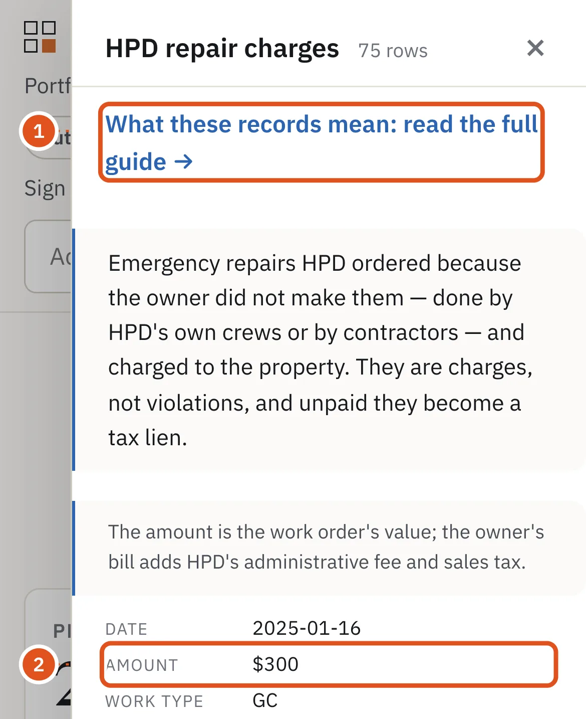 HPD's emergency repair orders at one building, with what each cost.