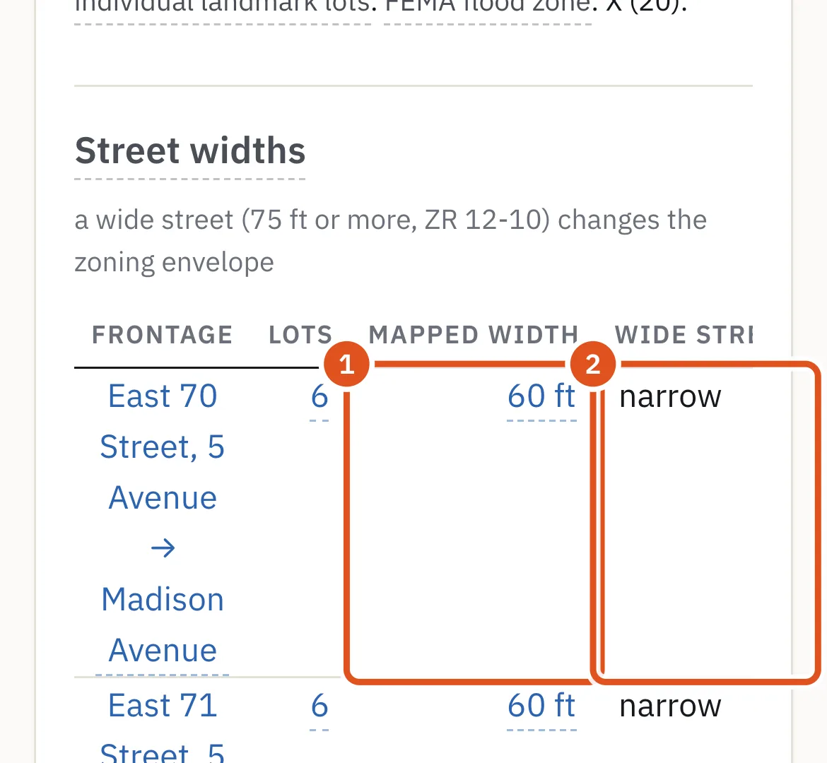Each street the block faces, its mapped width, and whether it counts as wide.