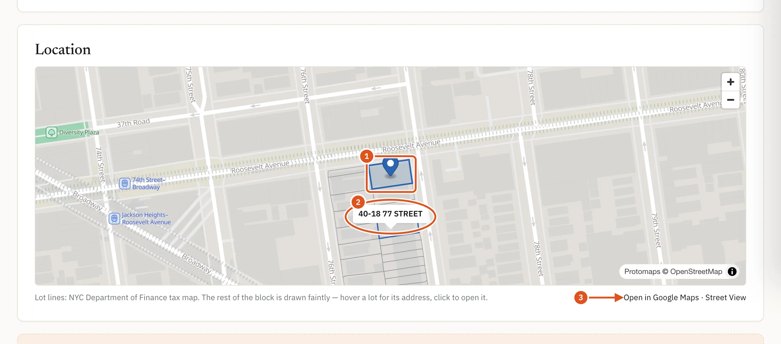 The Location card: the lot outlined on the map, the rest of the block drawn faintly, and links to Google Maps and Street View.