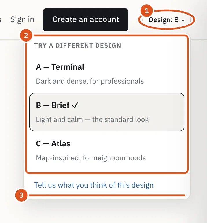 The design menu in the header. Pick a look and the page reloads in it.