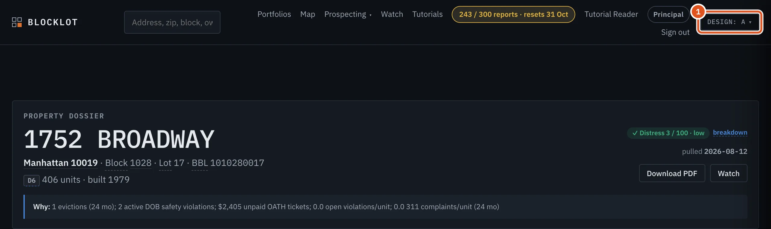 The same property page in the Terminal design — darker and denser, with the same content.