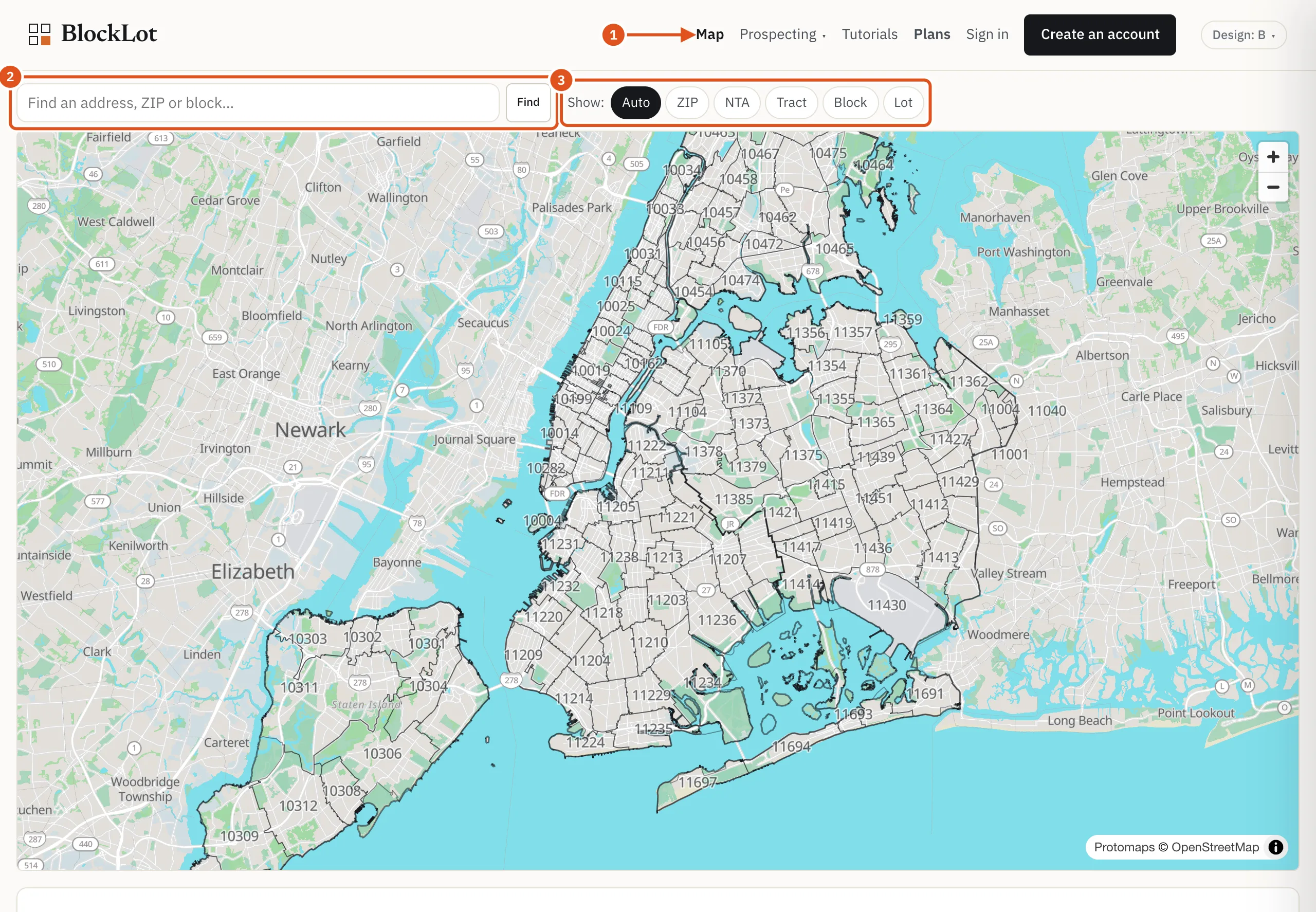 The map opens on the whole city, outlined by ZIP code.