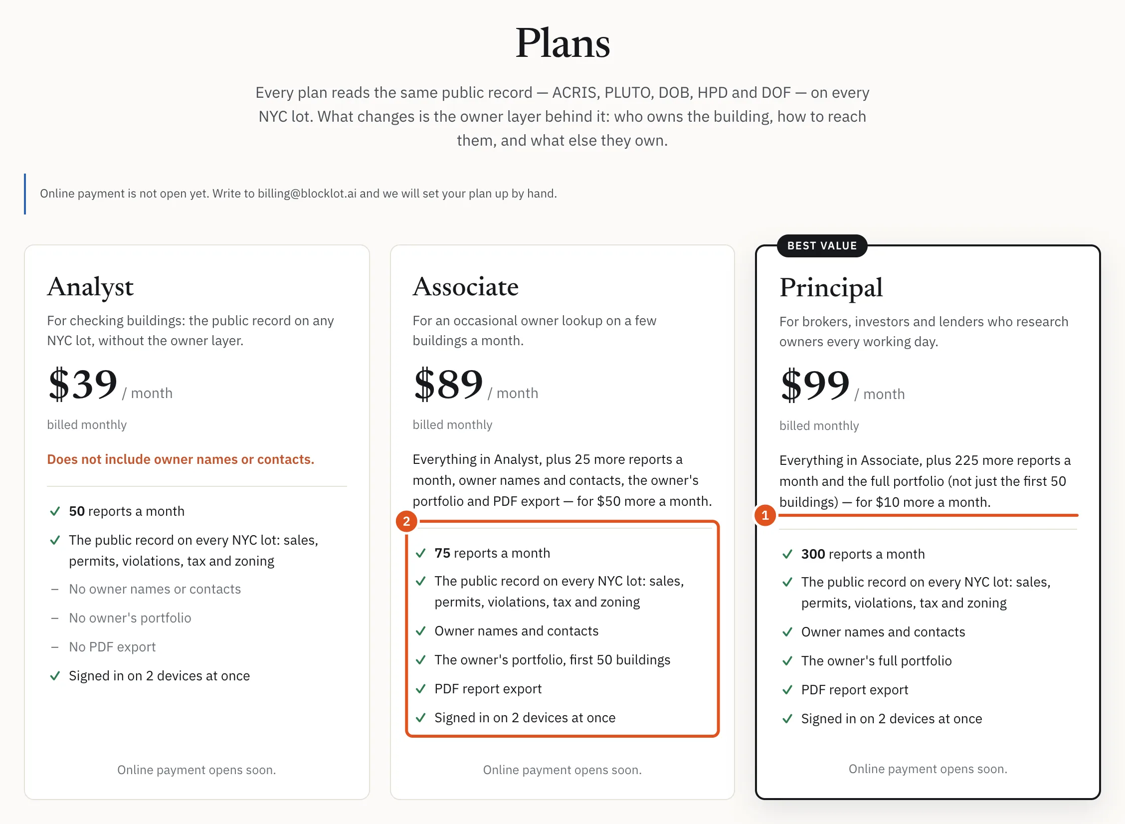 The Plans page. Each card lists what the plan includes and what it leaves out.