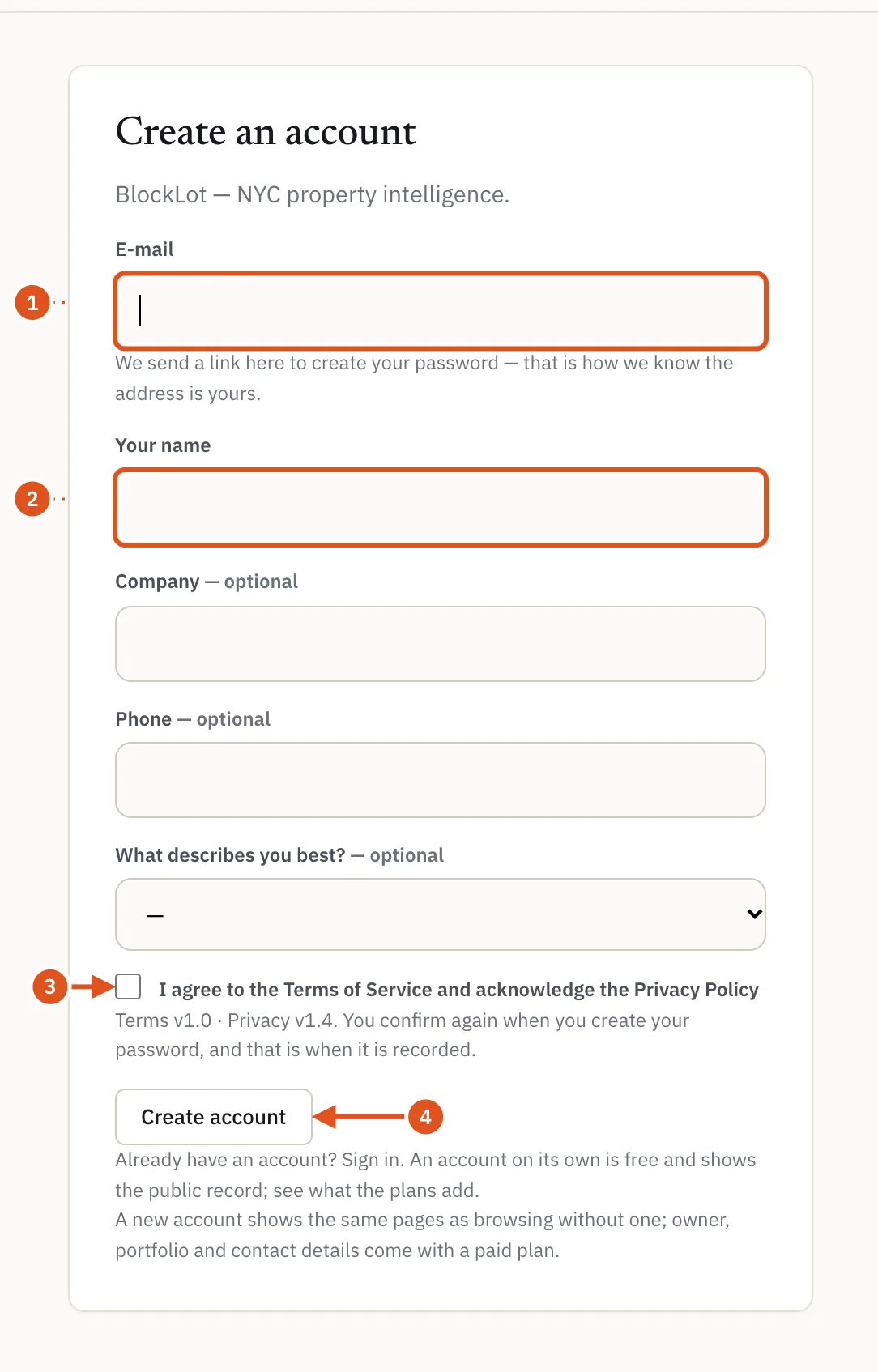The sign-up form. Only your e-mail address and name are required.