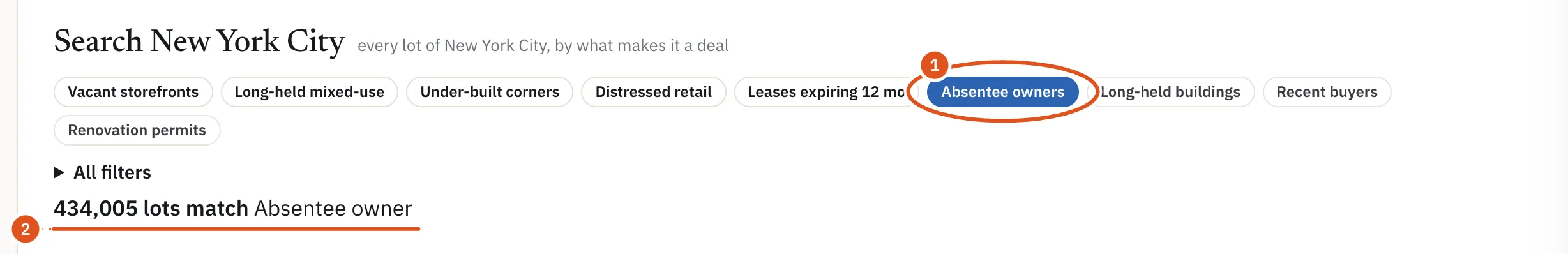 The ready-made searches. The chosen one is highlighted, and the heading states its rule.
