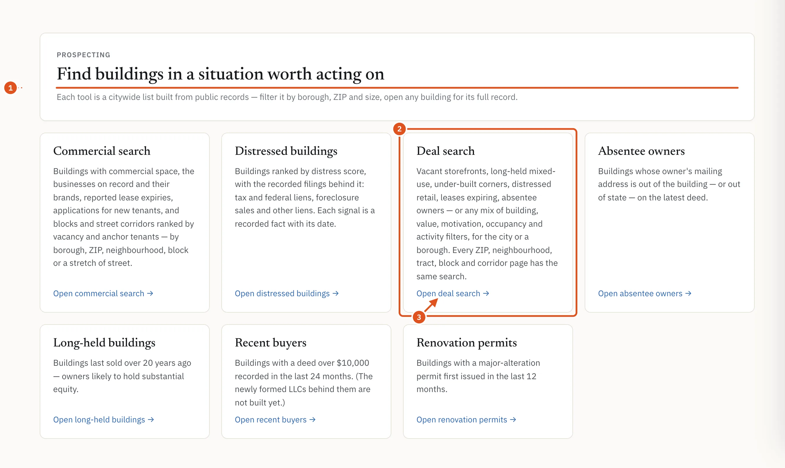 The Prospecting page, with one tile for each tool.