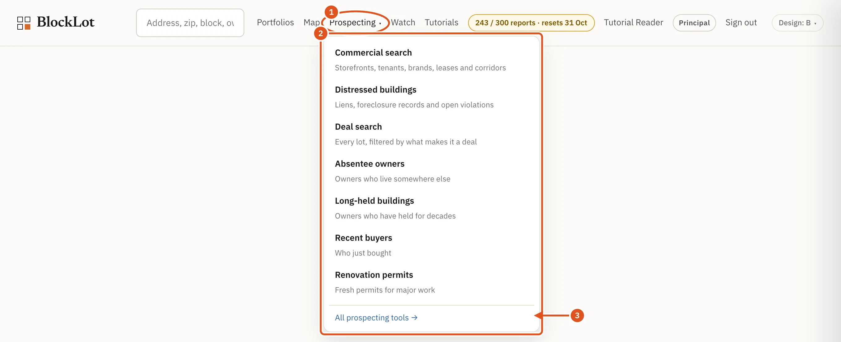 The Prospecting menu in the header. Each line is one tool, with a note on what it finds.