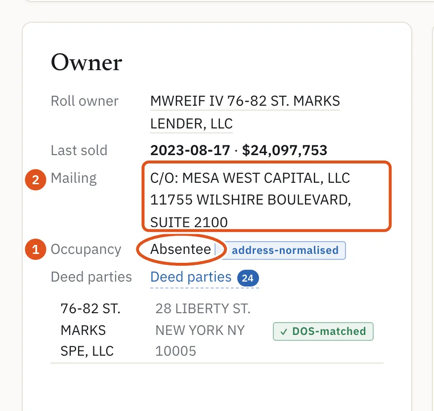 On the building's page, the Owner card shows where the owner gets their mail and marks the owner absent.