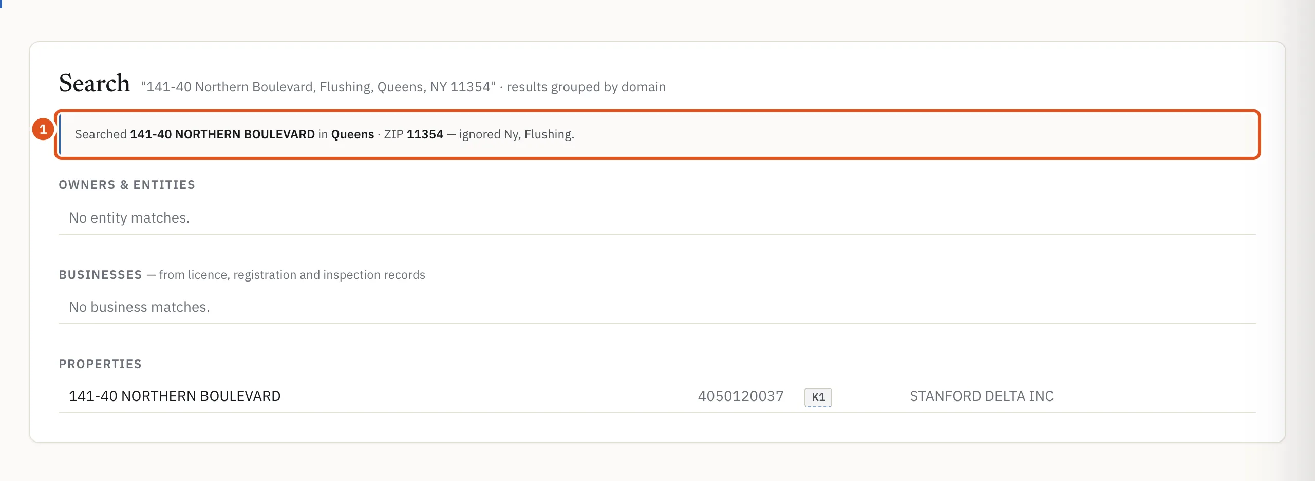 When BlockLot changes your search, it says what it searched and what it ignored.