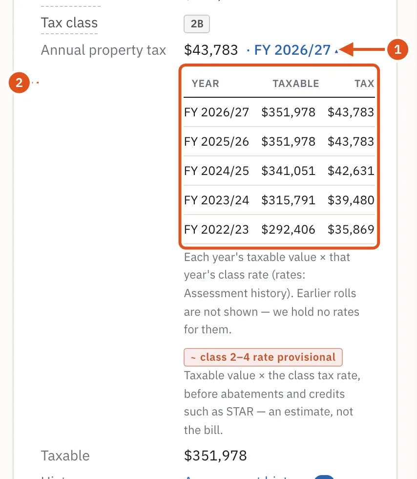 Click the fiscal year to see the tax worked out for earlier years.