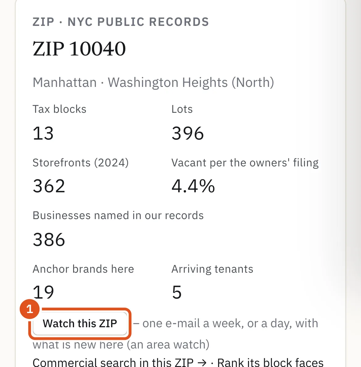 Every block, tract, neighbourhood and ZIP page has a Watch button.